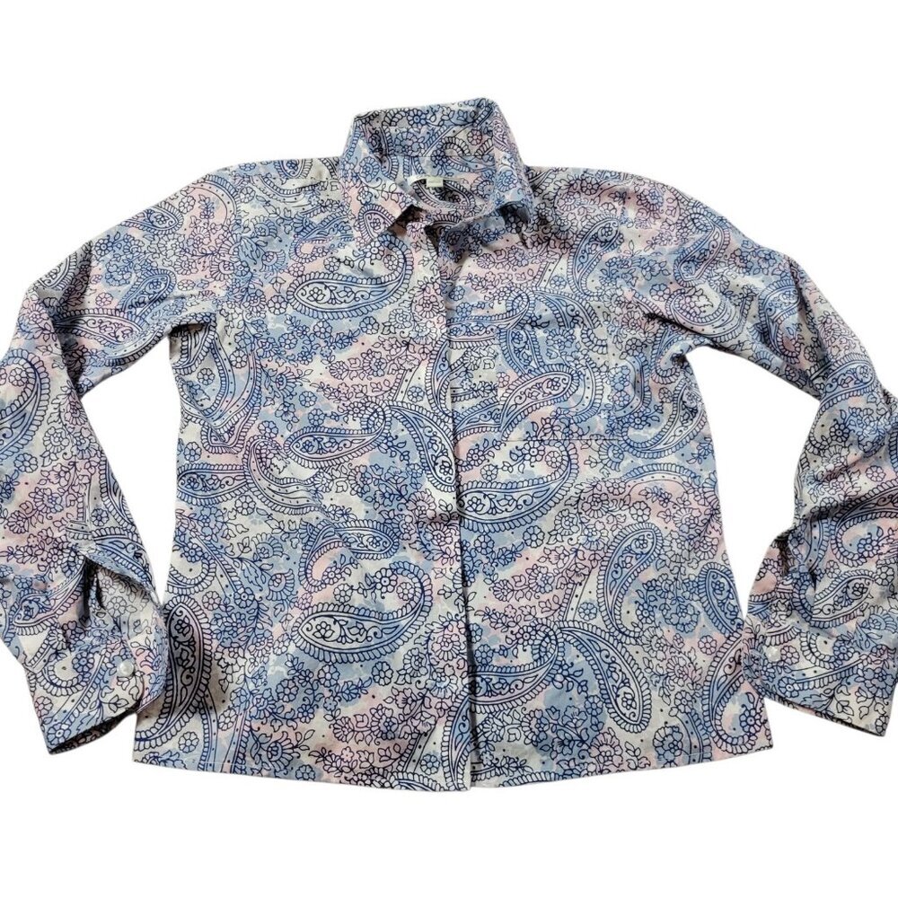 Orvis Shirt Womens 6 Blue Pink Floral Button Up Top Blouse Collared